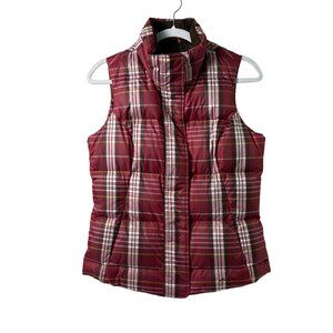Eddie Bauer Goose Down Vest Women Size S Red Plaid Zip Snap Closure Hike Outdoor